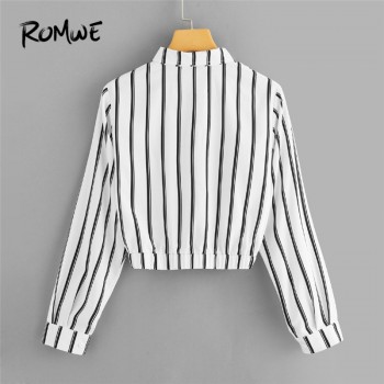 Long Sleeve Ladies Casual Crop Top Half Placket Twist Front Striped Blouse White